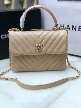 Ch*el flap bag with top handle beige 6.6 × 9.8 × 4.7 in