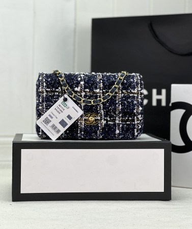 Ch*el mini classic 11.12 handbag tweed & gold-tone metal 4.7 × 7.8 × 2.3 in