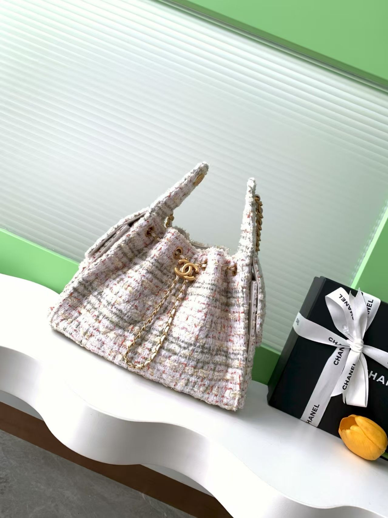 Ch*el 25 bucket tweed bag 26x30x14cm
