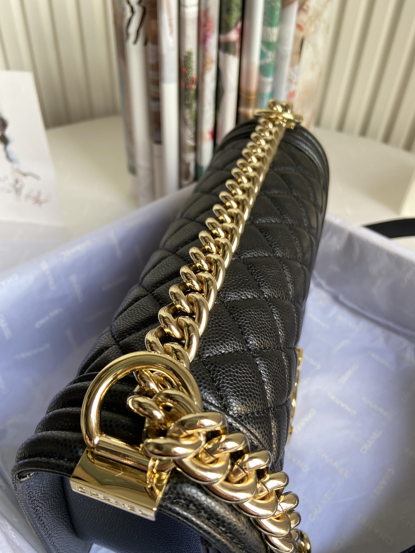 boy Ch*el handbag shiny grained calfskin & gold-tone metal black 5.9 × 9.8 × 3.5 in