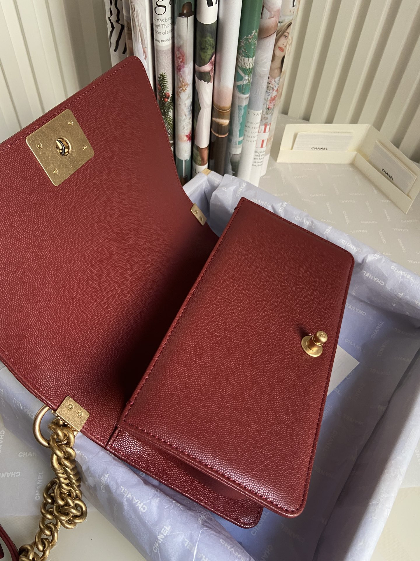 boy Ch*el handbag shiny grained calfskin & gold-tone metal red 5.9 × 9.8 × 3.5 in