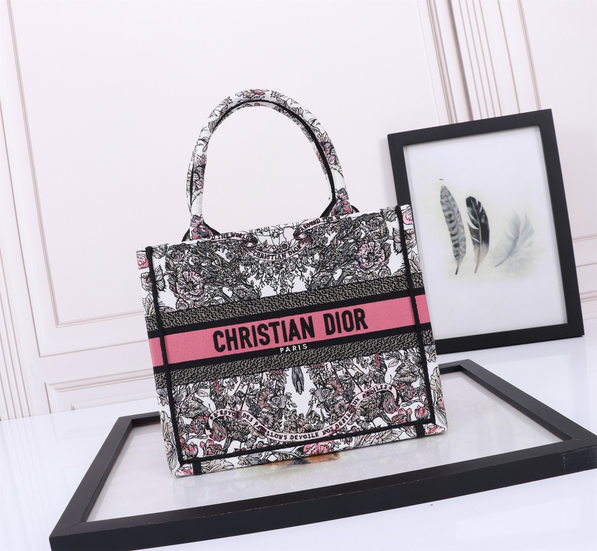 small D*or book tote white and pastel pink butterfly around the world embroidery  10.5 x 8.5 x 5.5 inches