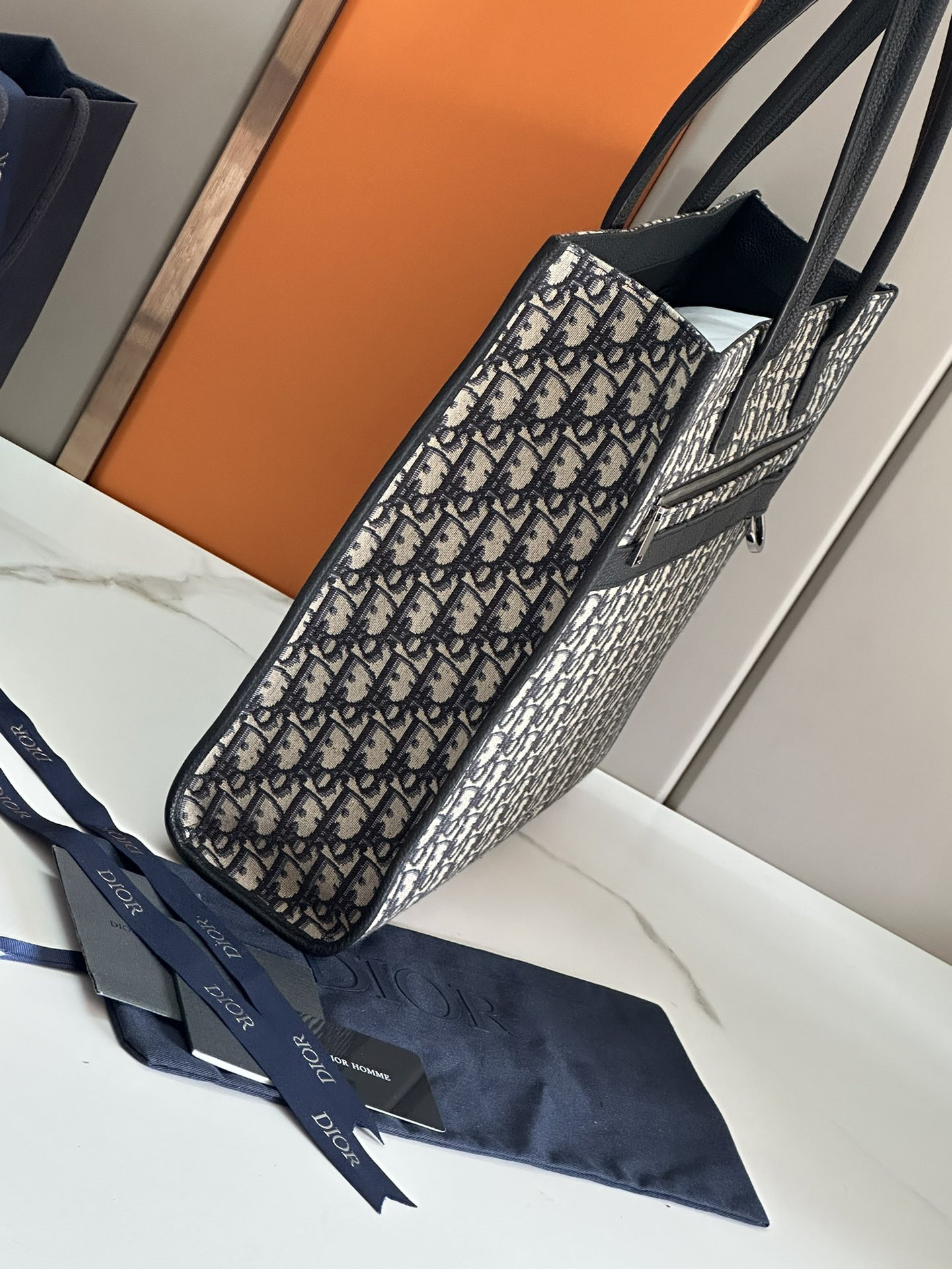 D*or safari tote bag blue D*or oblique jacquard and grained calfskin 15.5 x 14 x 4.5 inches