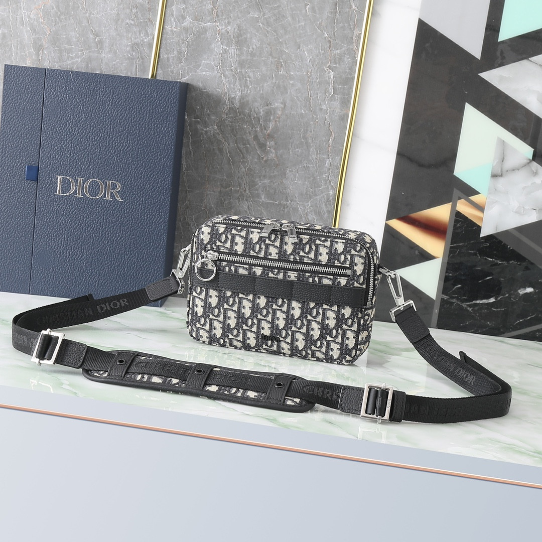 D*or safari bag with strap  beige and black D*or oblique jacquard 8.5 x 6 x 2.5 inches