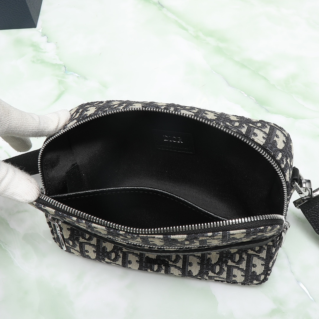 D*or safari bag with strap  beige and black D*or oblique jacquard 8.5 x 6 x 2.5 inches