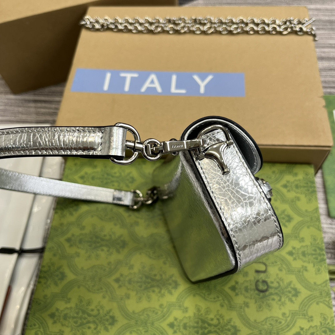 G*u*i horsebit 1955 mini shoulder bag silver 7.7"w x 5-3.1"h x 2.4-1.2"d