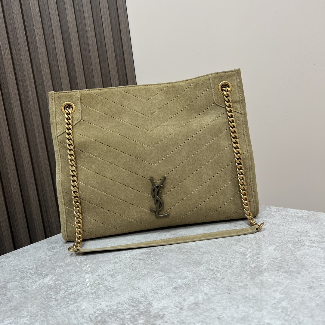 Y*L niki medium shopping in suede barley green 12.9 x 10.6 x 4.5 inches