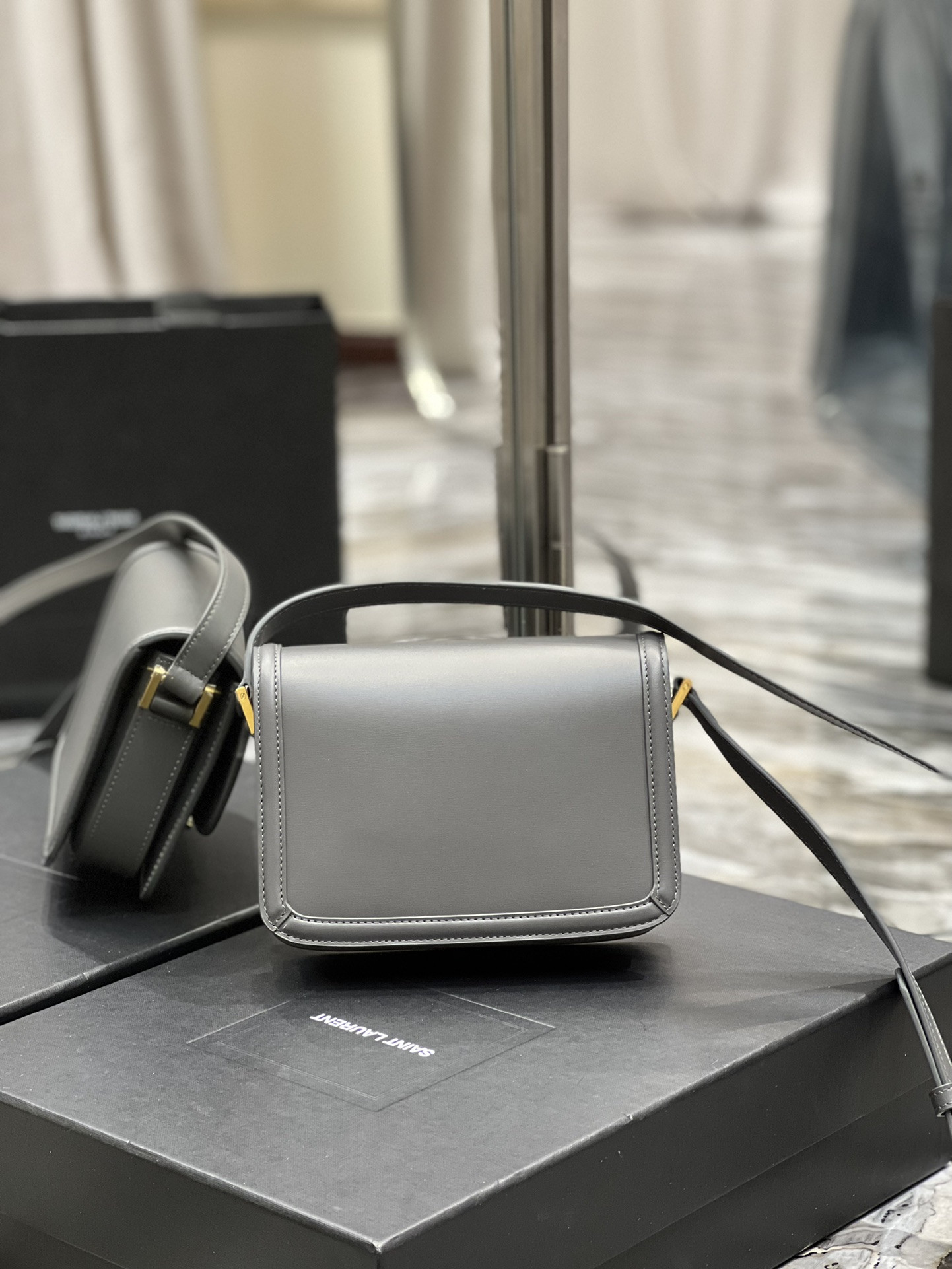 y*l solferino small satchel in box Sa**t Lau*nt storm 7.4 x 5.1 x 1.9 inches