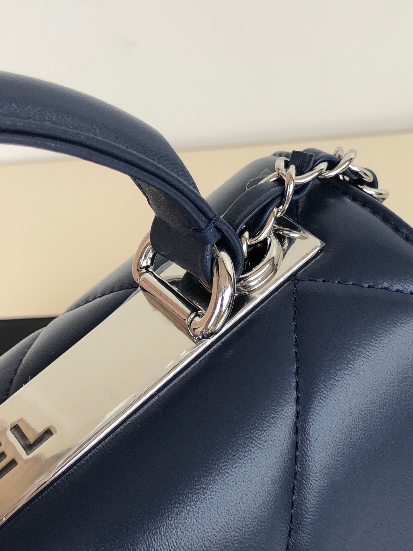 Ch*el flap bag with top handle 6.6 × 9.8 × 4.7 in