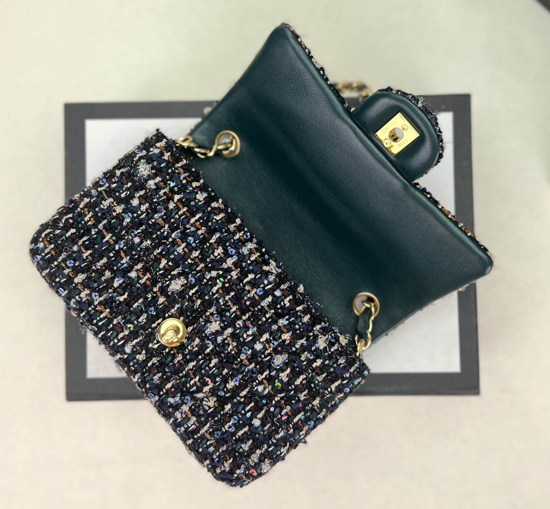 Ch*el mini classic 11.12 handbag tweed & gold-tone metal 4.7 × 7.8 × 2.3 in